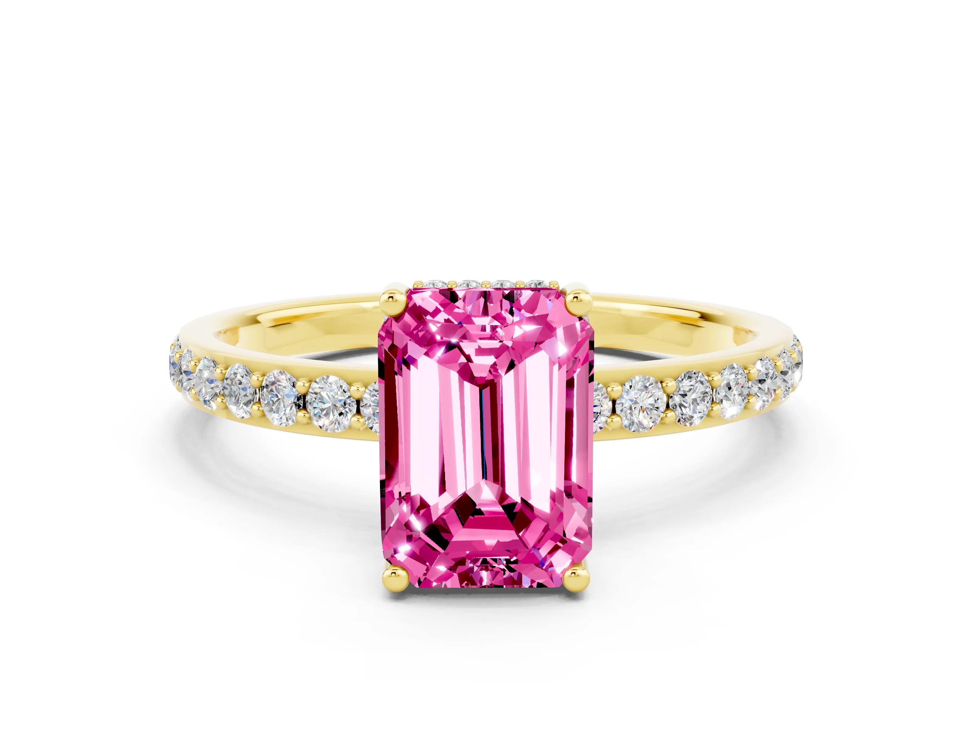Yellow gold Emerald Cut Pink Sapphire Solitaire Ring with Pavé Band and Hidden Halo_12