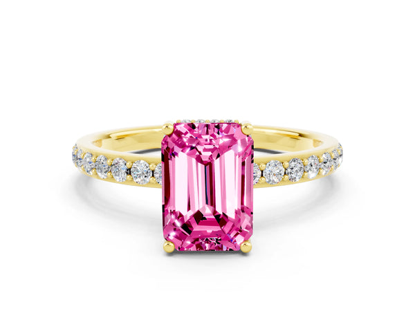 Yellow gold Emerald Cut Pink Sapphire Solitaire Ring with Pavé Band and Hidden Halo