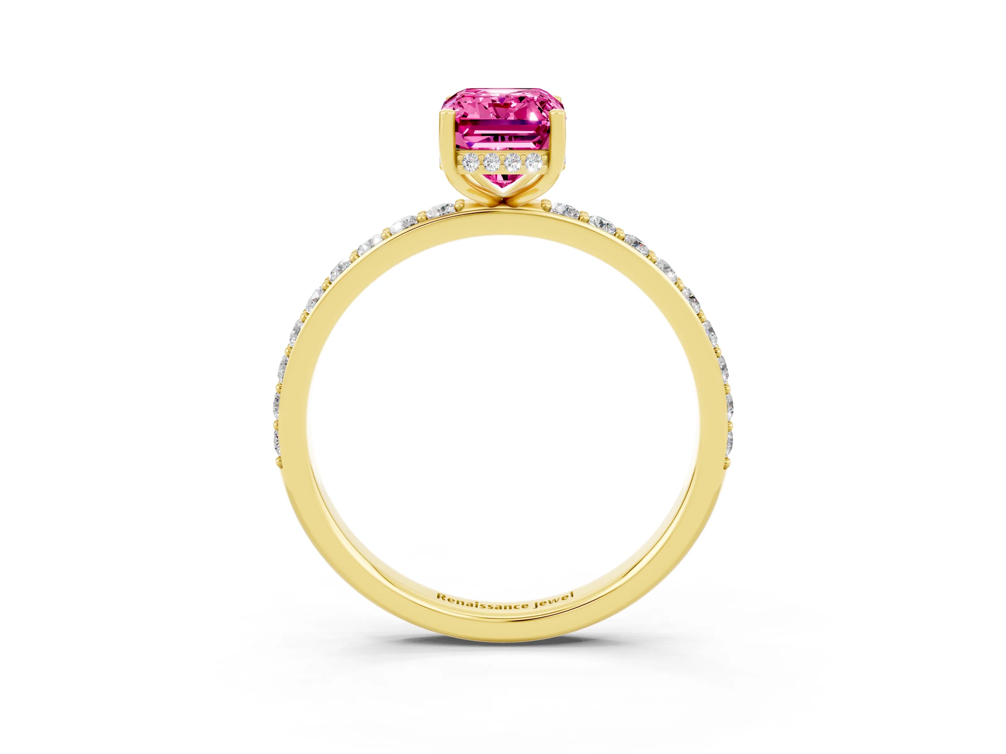 Yellow gold Emerald Cut Pink Sapphire Solitaire Ring with Pavé Band and Hidden Halo_15