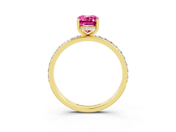 Yellow gold Emerald Cut Pink Sapphire Solitaire Ring with Pavé Band and Hidden Halo