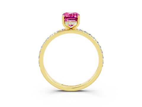 Yellow gold Emerald Cut Pink Sapphire Solitaire Ring with Pavé Band and Hidden Halo_15