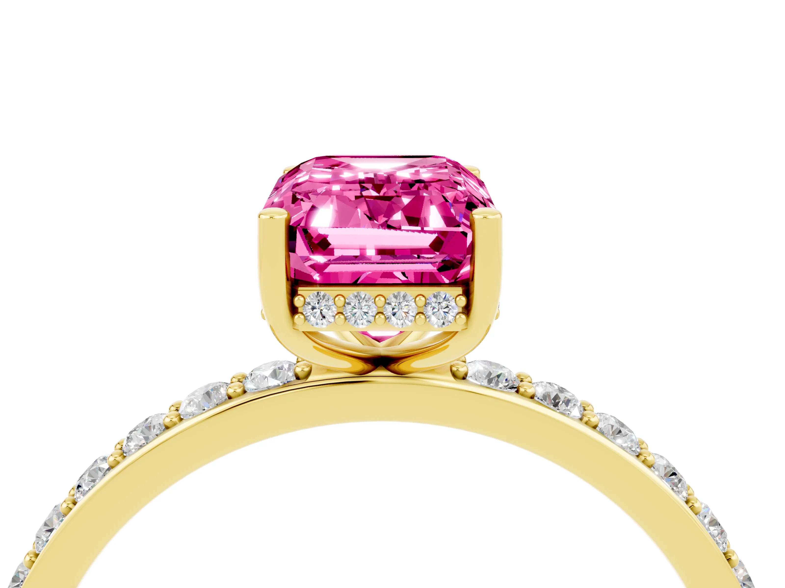 Yellow gold Emerald Cut Pink Sapphire Solitaire Ring with Pavé Band and Hidden Halo_16