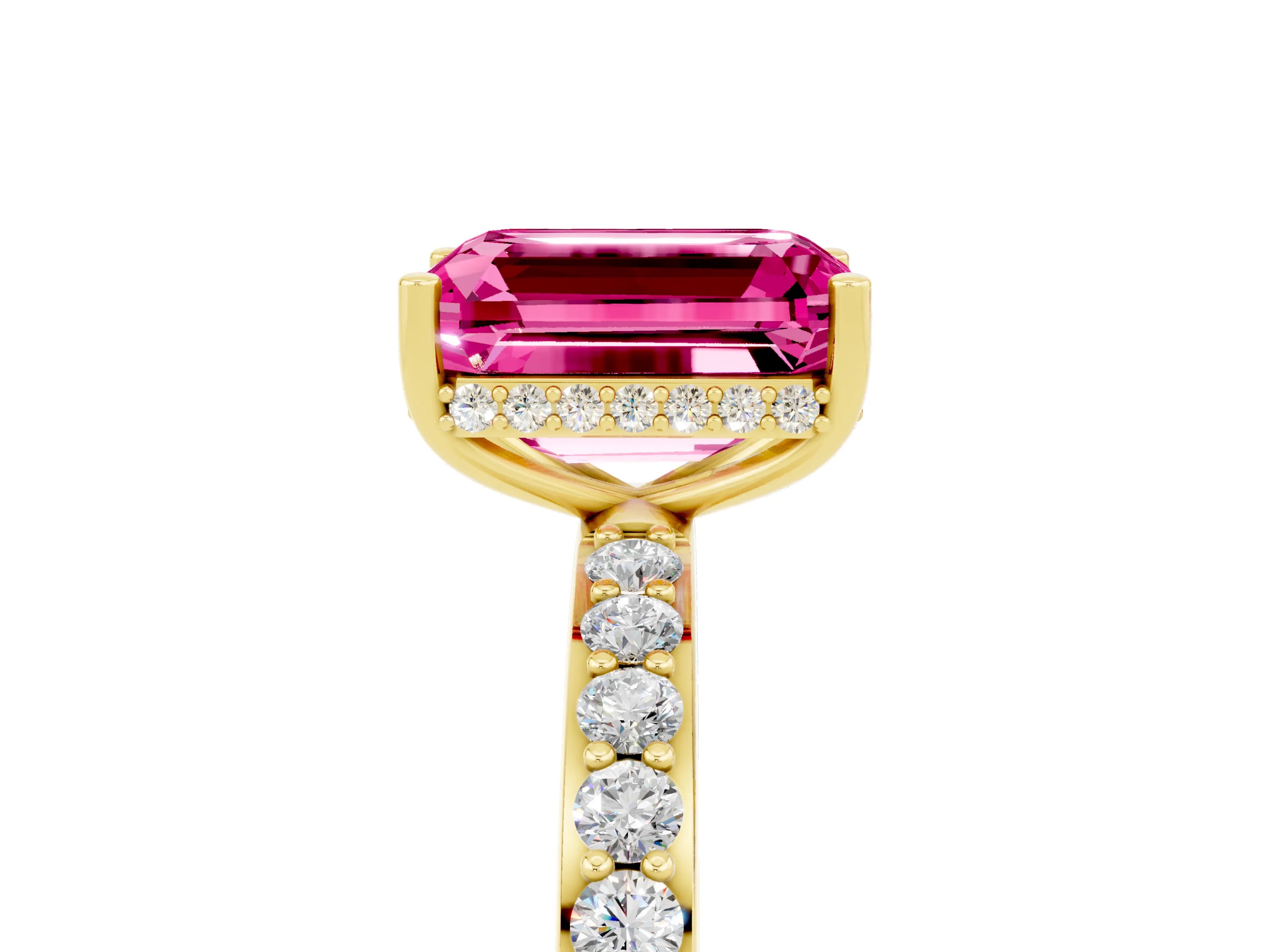 Yellow gold Emerald Cut Pink Sapphire Solitaire Ring with Pavé Band and Hidden Halo_17