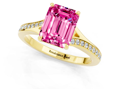 Yellow gold Emerald Cut Pink Sapphire Solitaire Ring with Pavé Band and Prong Setting_1