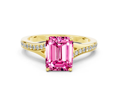 Yellow gold Emerald Cut Pink Sapphire Solitaire Ring with Pavé Band and Prong Setting_24