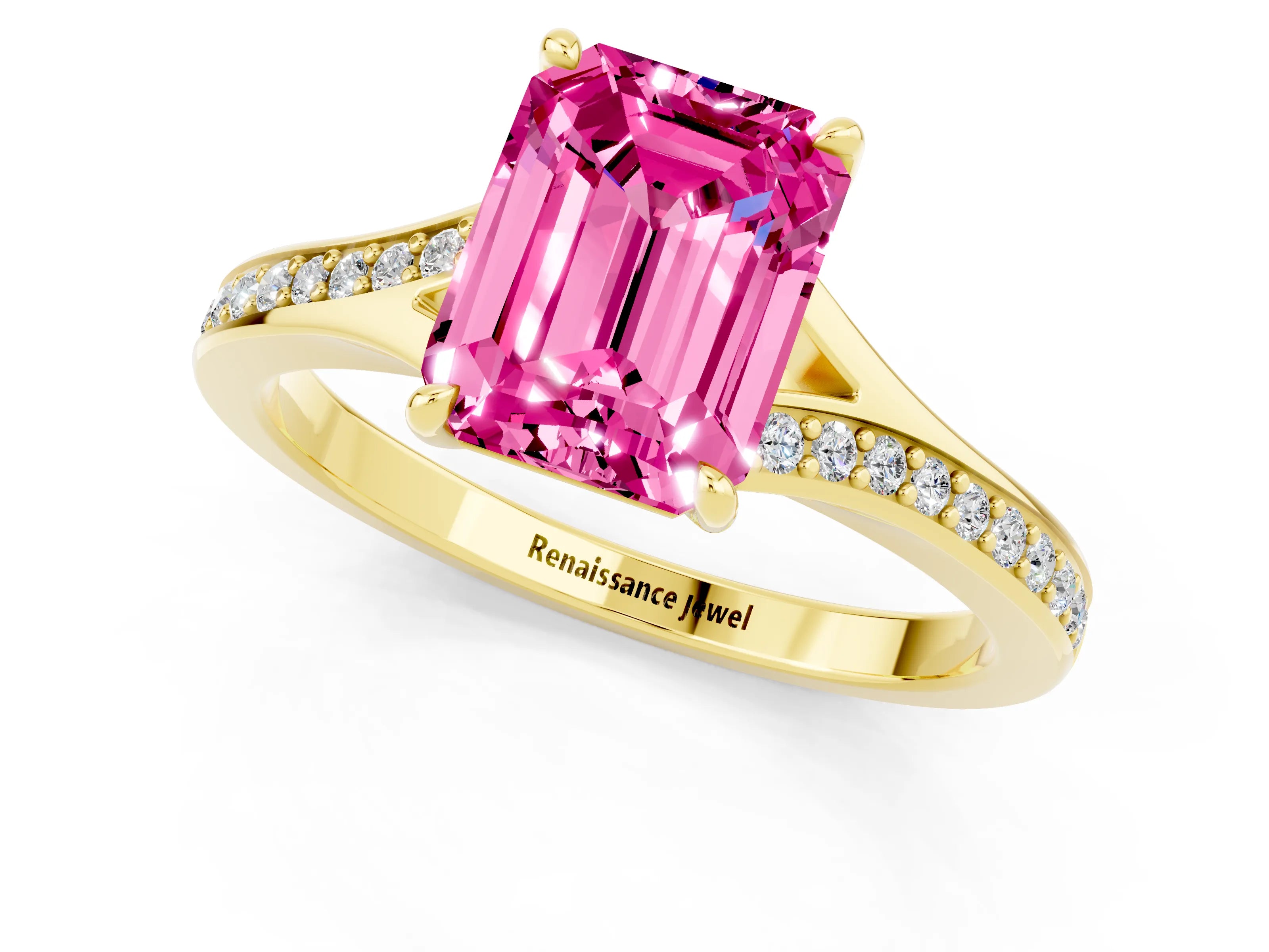 Yellow gold Emerald Cut Pink Sapphire Solitaire Ring with Pavé Band and Prong Setting_25