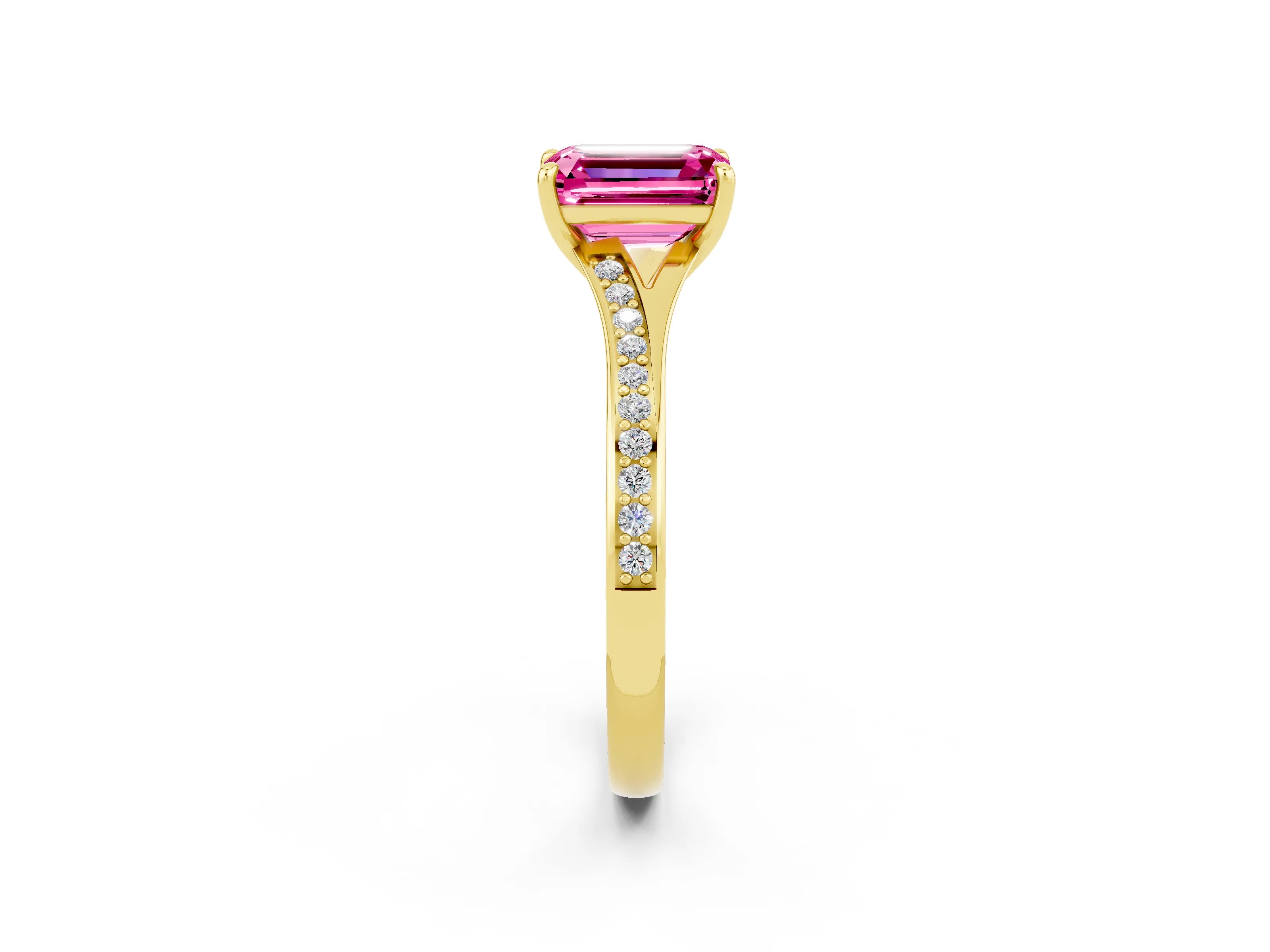 Yellow gold Emerald Cut Pink Sapphire Solitaire Ring with Pavé Band and Prong Setting_26