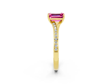Yellow gold Emerald Cut Pink Sapphire Solitaire Ring with Pavé Band and Prong Setting_26
