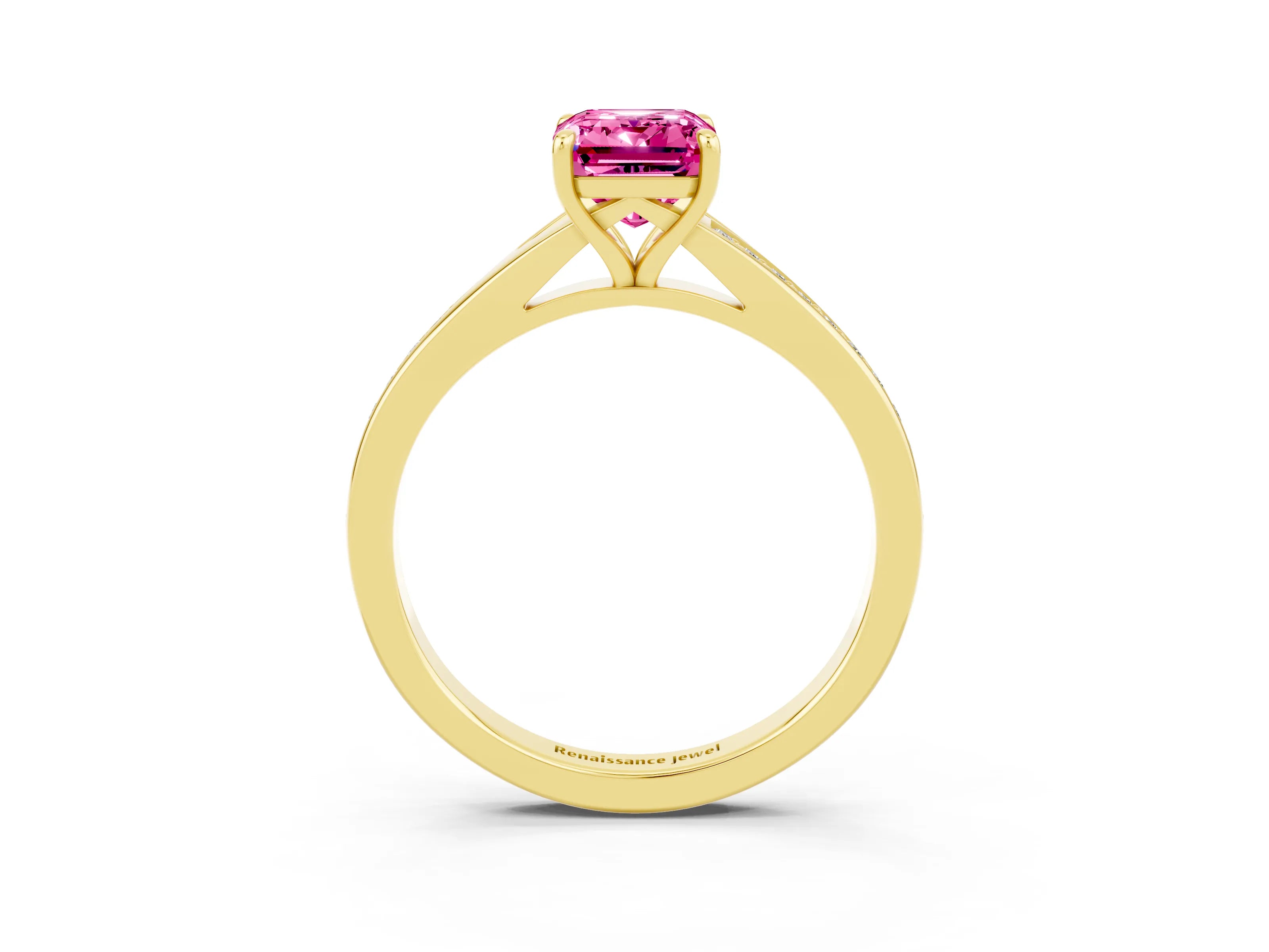 Yellow gold Emerald Cut Pink Sapphire Solitaire Ring with Pavé Band and Prong Setting_27