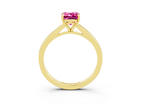 Yellow gold Emerald Cut Pink Sapphire Solitaire Ring with Pavé Band and Prong Setting_27