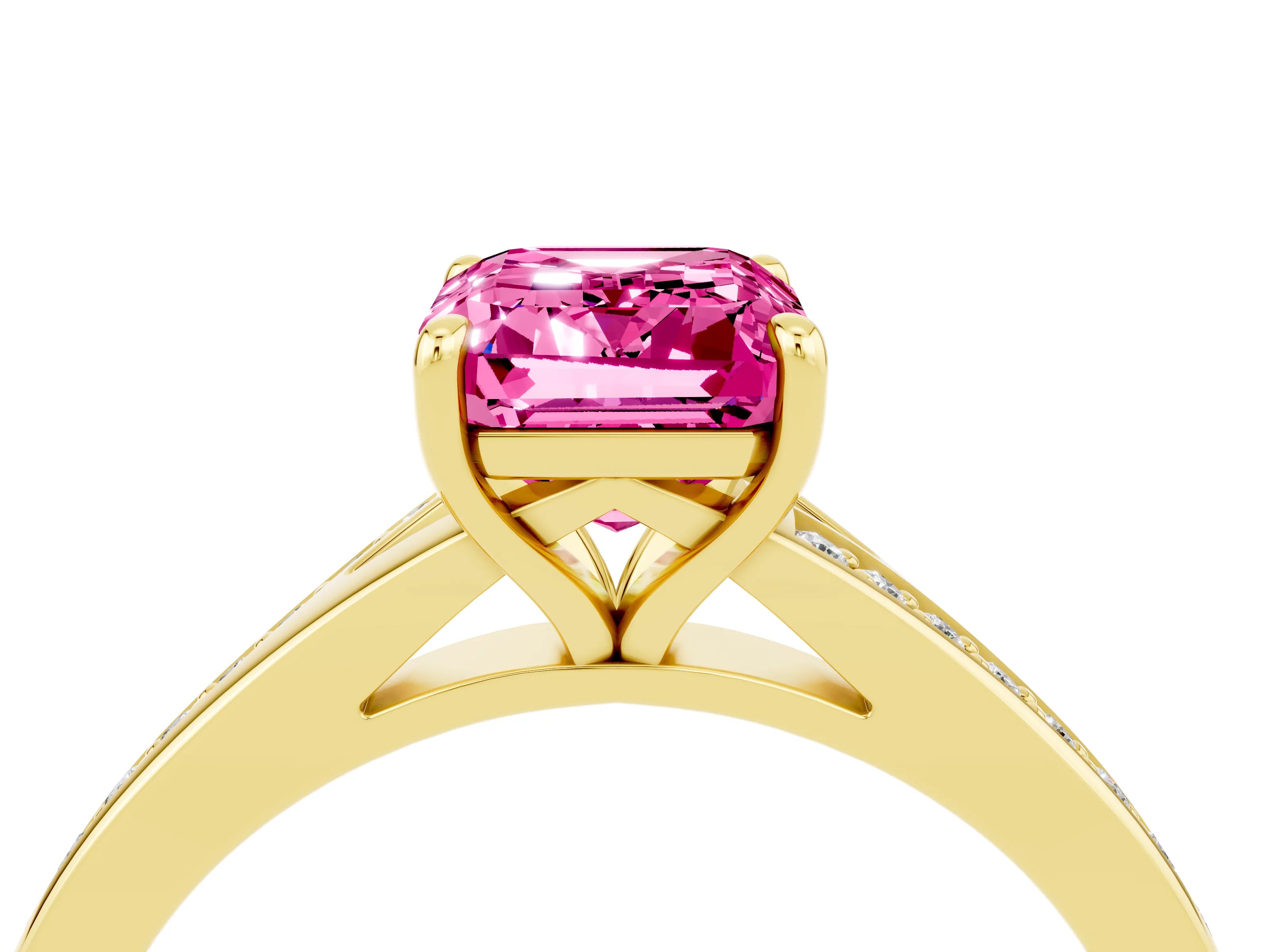 Yellow gold Emerald Cut Pink Sapphire Solitaire Ring with Pavé Band and Prong Setting_28