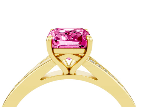Yellow gold Emerald Cut Pink Sapphire Solitaire Ring with Pavé Band and Prong Setting_28