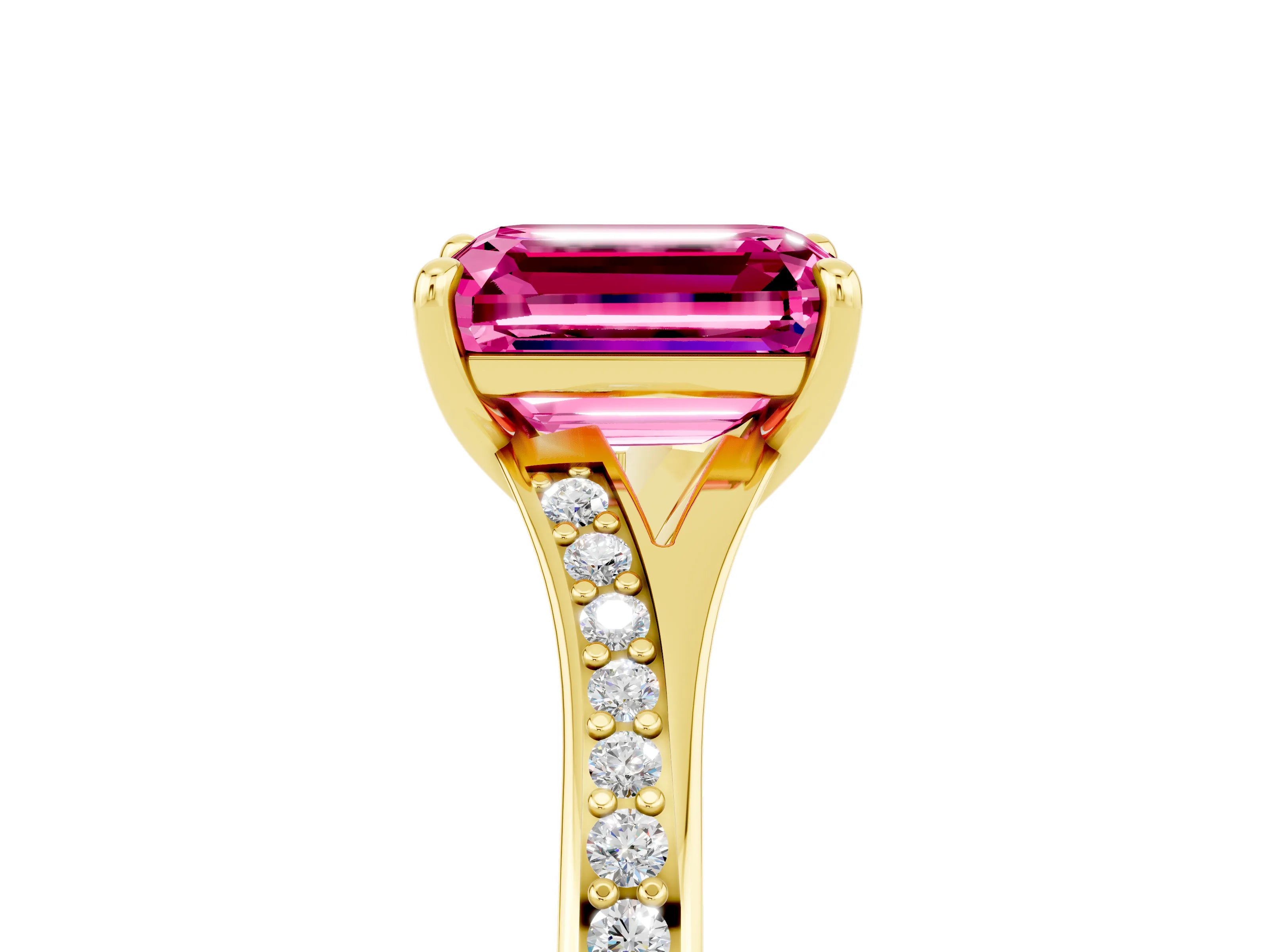 Yellow gold Emerald Cut Pink Sapphire Solitaire Ring with Pavé Band and Prong Setting_29