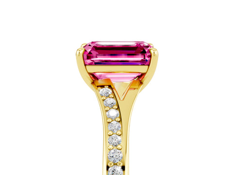 Yellow gold Emerald Cut Pink Sapphire Solitaire Ring with Pavé Band and Prong Setting_29