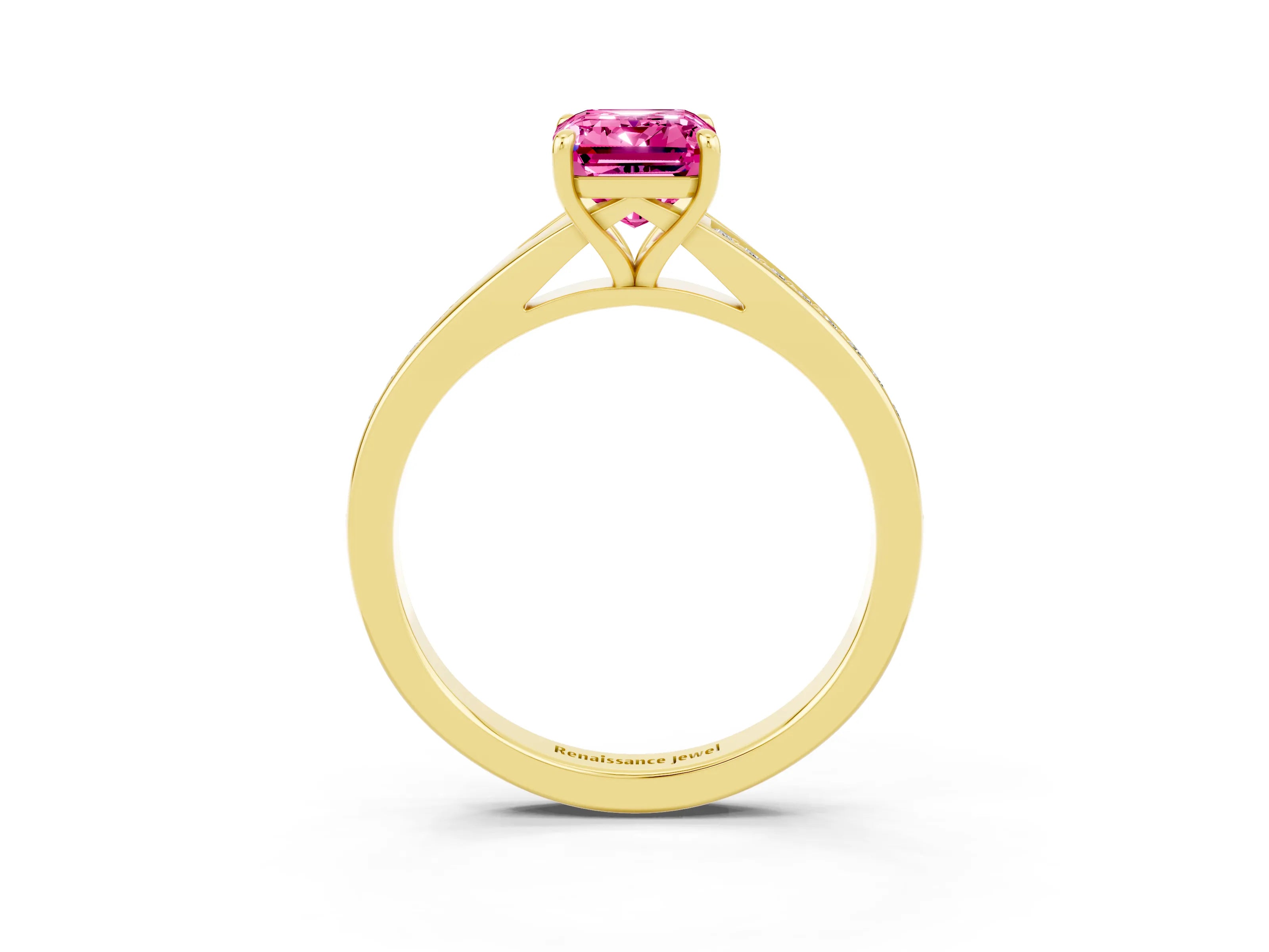Yellow gold Emerald Cut Pink Sapphire Solitaire Ring with Pavé Band and Prong Setting_3