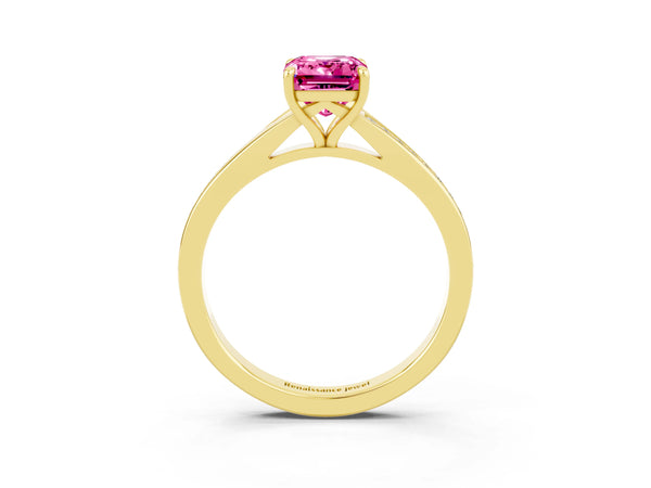 Yellow gold Emerald Cut Pink Sapphire Solitaire Ring with Pavé Band and Prong Setting