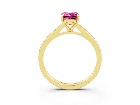 Yellow gold Emerald Cut Pink Sapphire Solitaire Ring with Pavé Band and Prong Setting_3