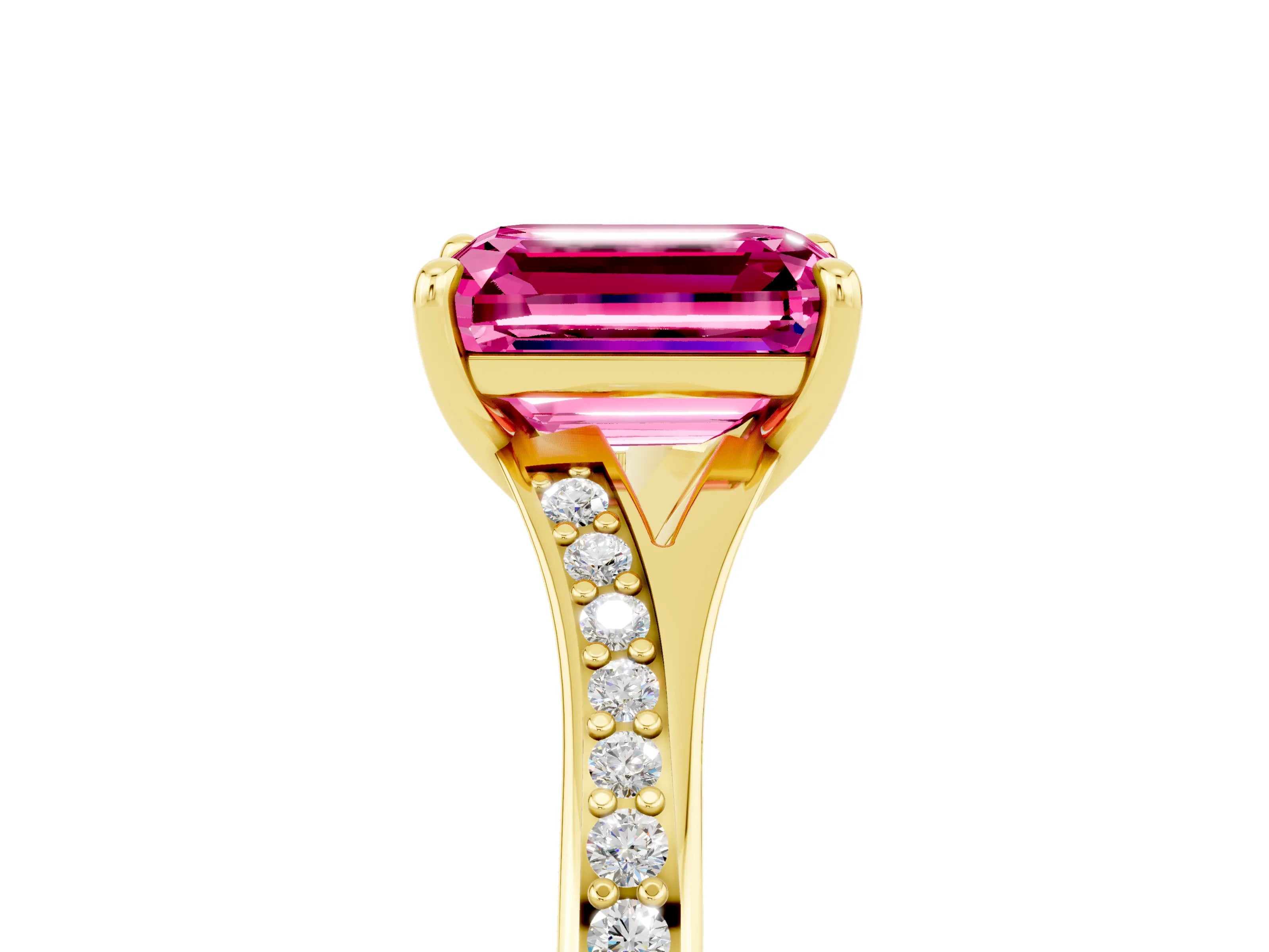 Yellow gold Emerald Cut Pink Sapphire Solitaire Ring with Pavé Band and Prong Setting_5