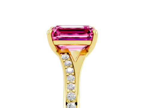 Yellow gold Emerald Cut Pink Sapphire Solitaire Ring with Pavé Band and Prong Setting_5