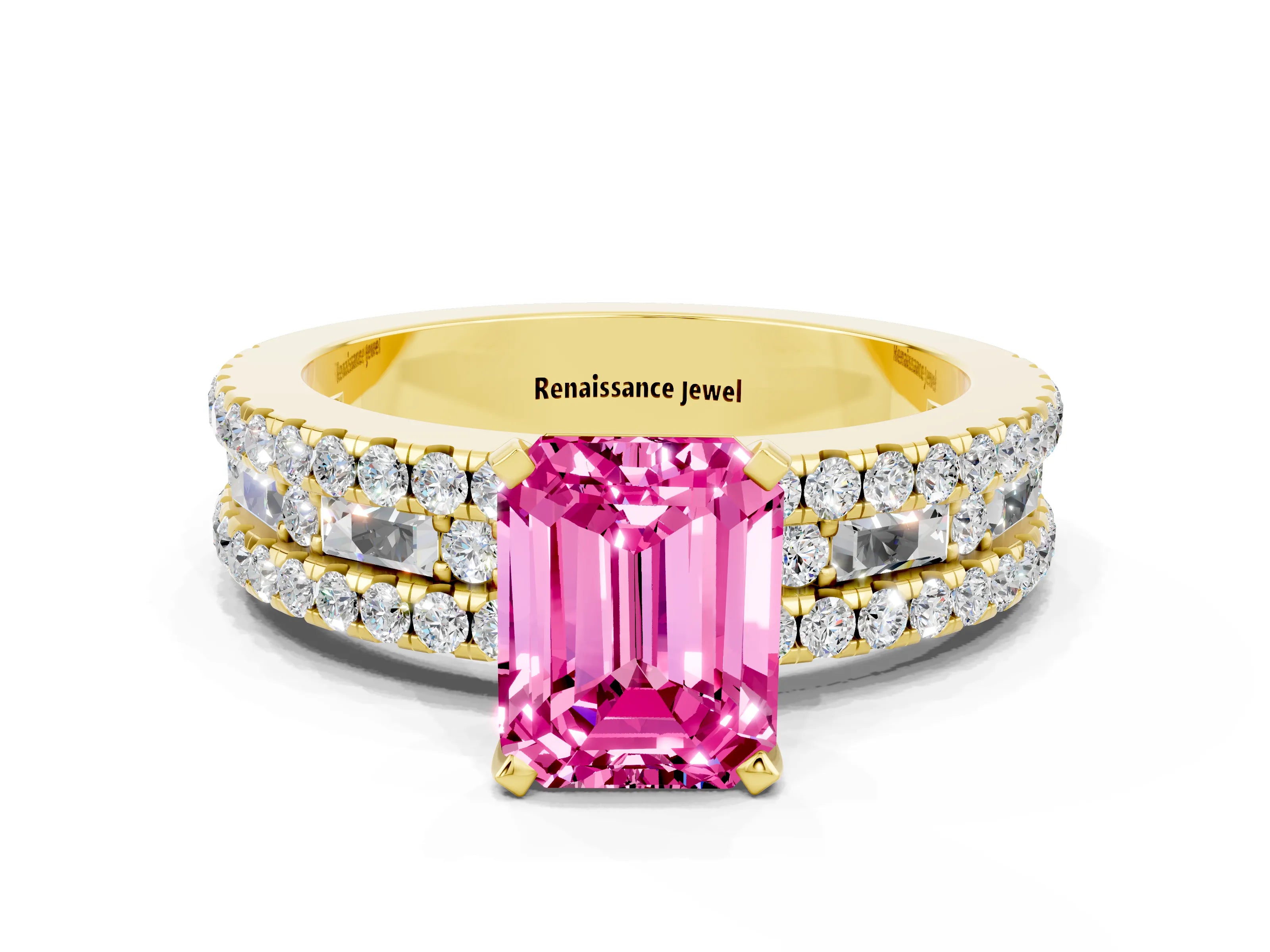 Yellow gold Emerald Cut Pink Sapphire Solitaire Ring with Pavé and Channel Set Band_24