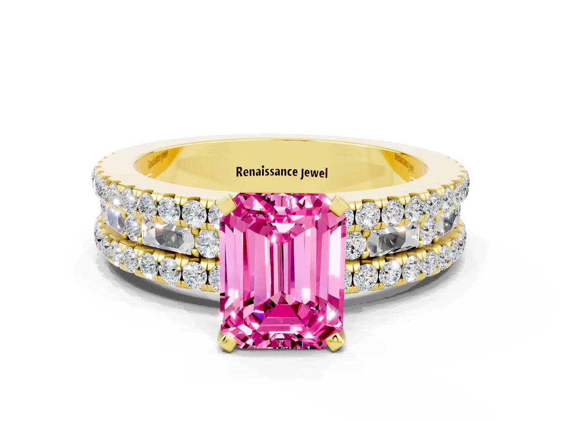 Yellow gold Emerald Cut Pink Sapphire Solitaire Ring with Pavé and Channel Set Band_24