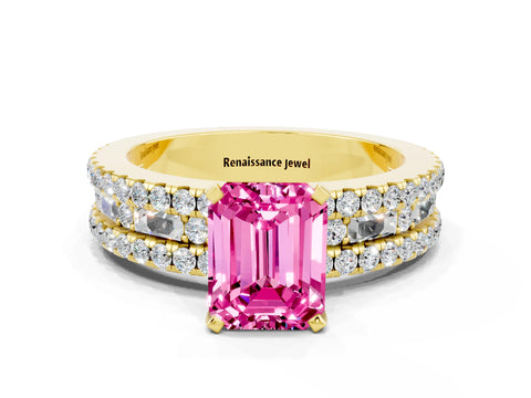 Yellow gold Emerald Cut Pink Sapphire Solitaire Ring with Pavé and Channel Set Band_24