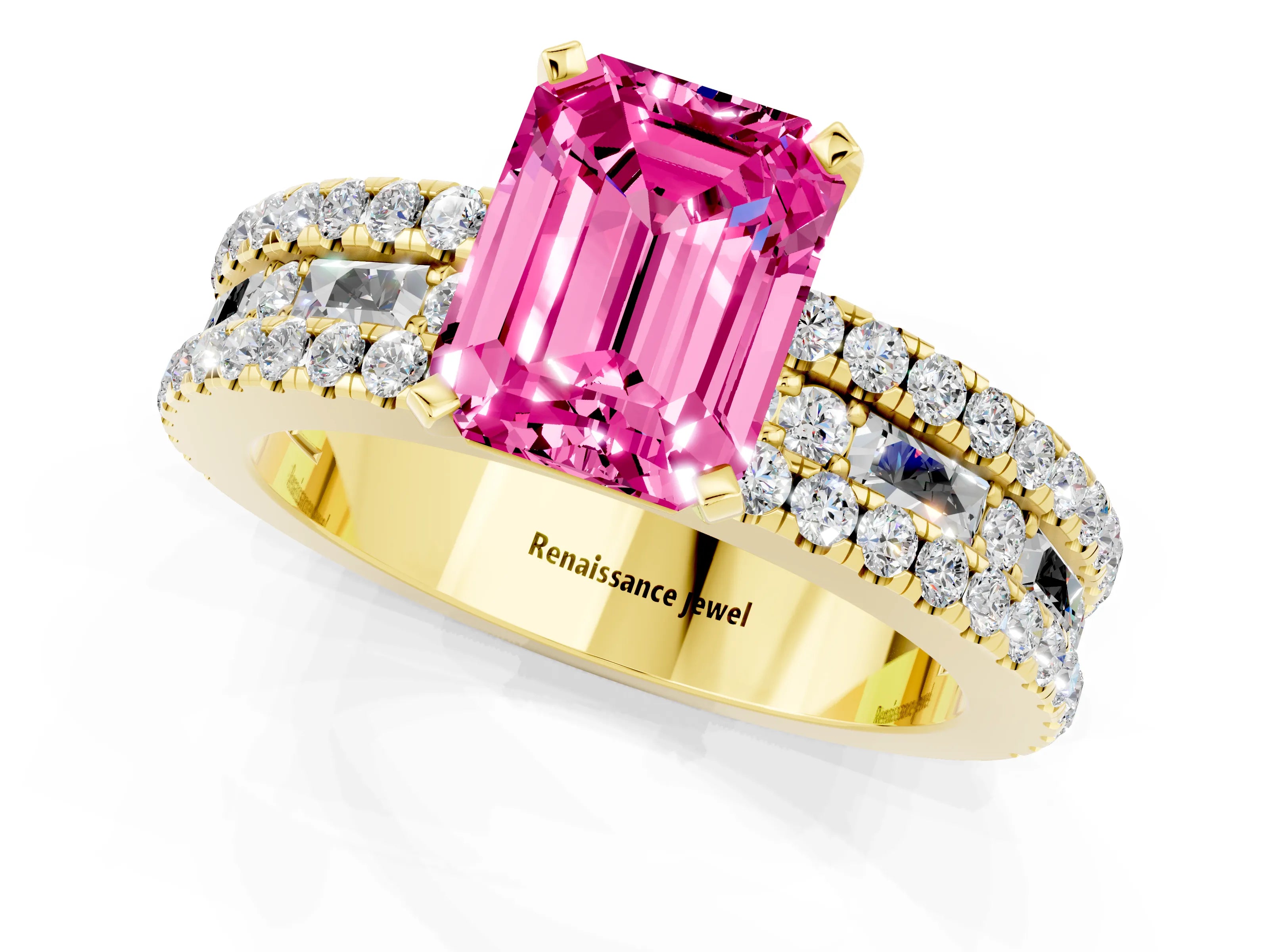 Yellow gold Emerald Cut Pink Sapphire Solitaire Ring with Pavé and Channel Set Band_25