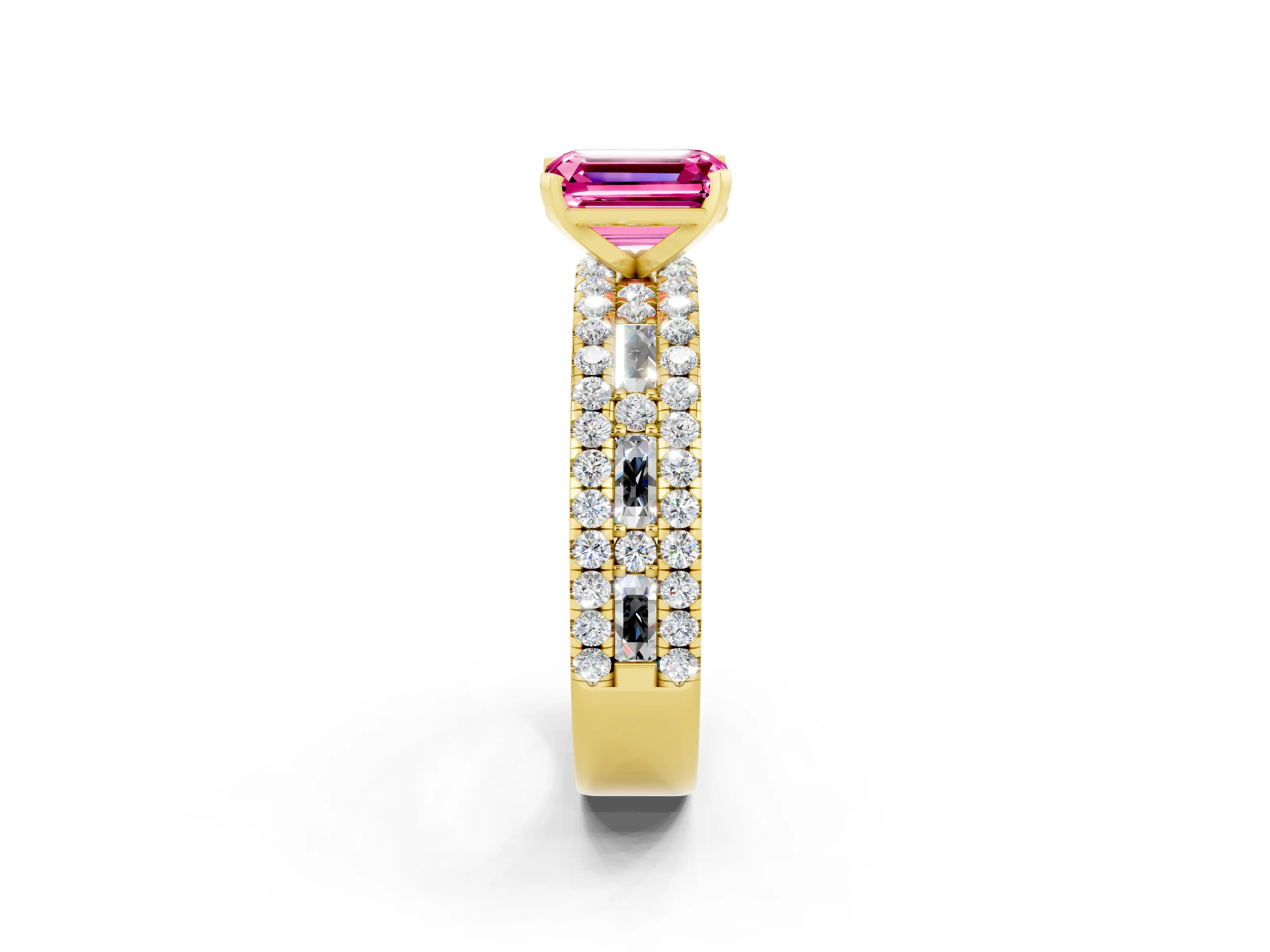 Yellow gold Emerald Cut Pink Sapphire Solitaire Ring with Pavé and Channel Set Band_26