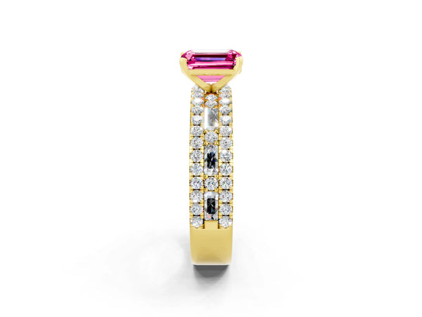 Yellow gold Emerald Cut Pink Sapphire Solitaire Ring with Pavé and Channel Set Band