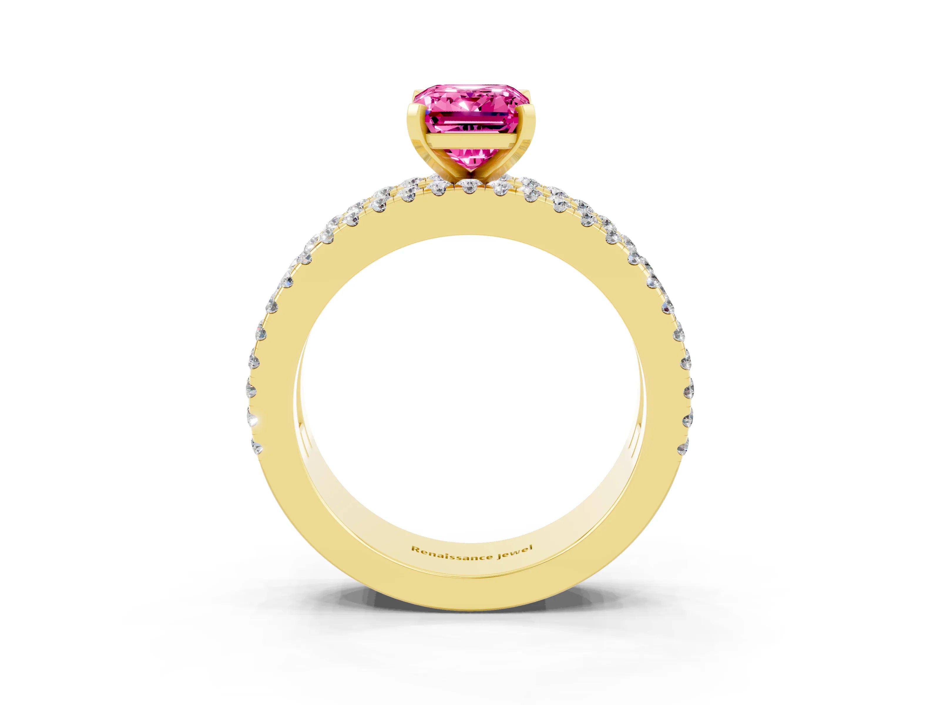 Yellow gold Emerald Cut Pink Sapphire Solitaire Ring with Pavé and Channel Set Band_27