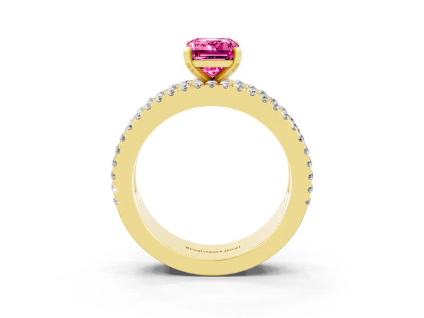 Yellow gold Emerald Cut Pink Sapphire Solitaire Ring with Pavé and Channel Set Band