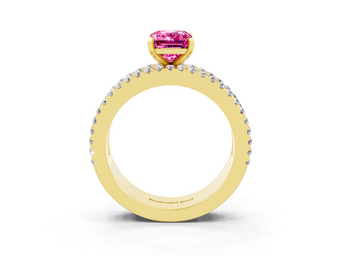 Yellow gold Emerald Cut Pink Sapphire Solitaire Ring with Pavé and Channel Set Band_27