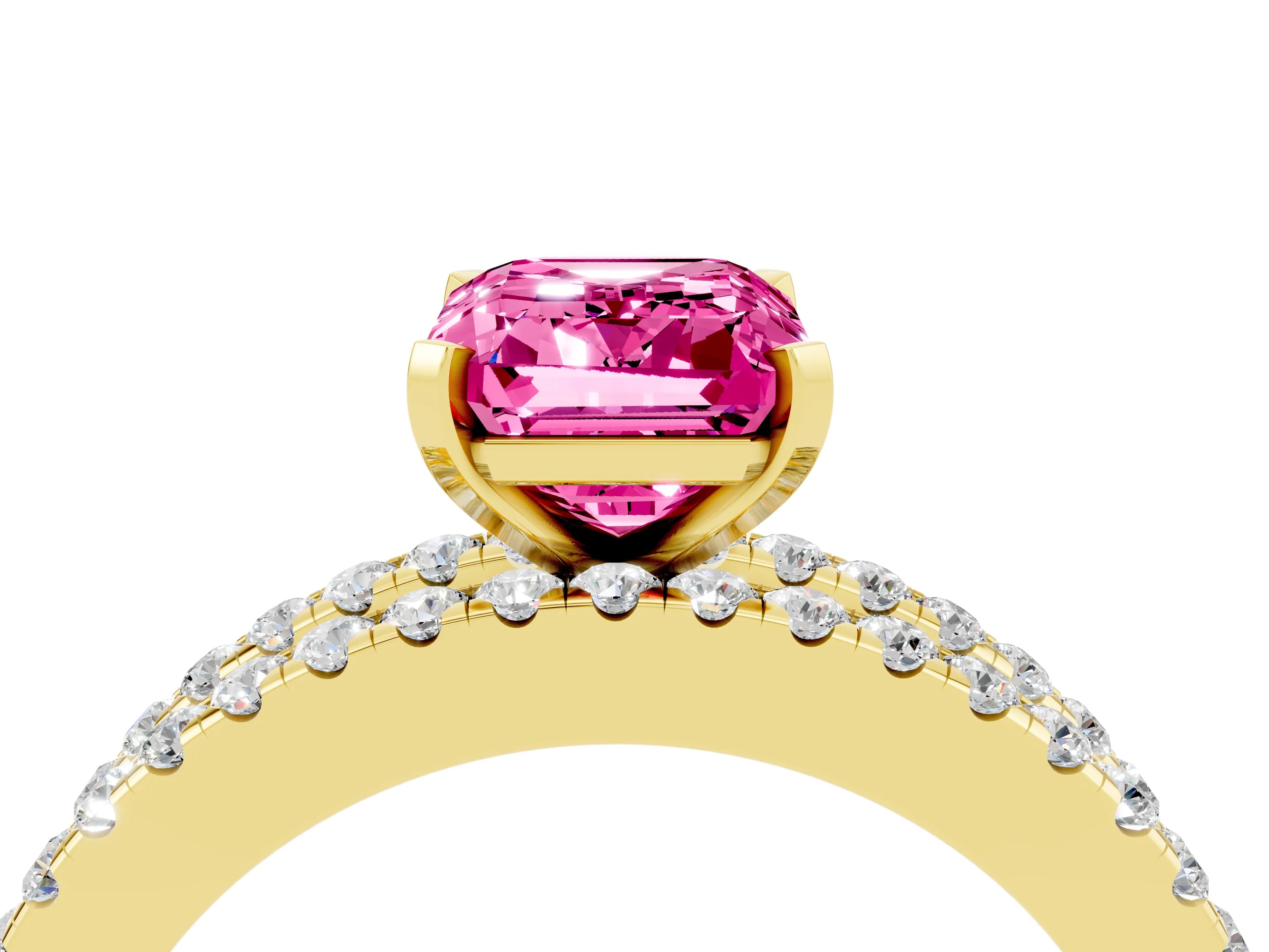 Yellow gold Emerald Cut Pink Sapphire Solitaire Ring with Pavé and Channel Set Band_28