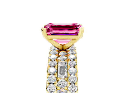 Yellow gold Emerald Cut Pink Sapphire Solitaire Ring with Pavé and Channel Set Band_29