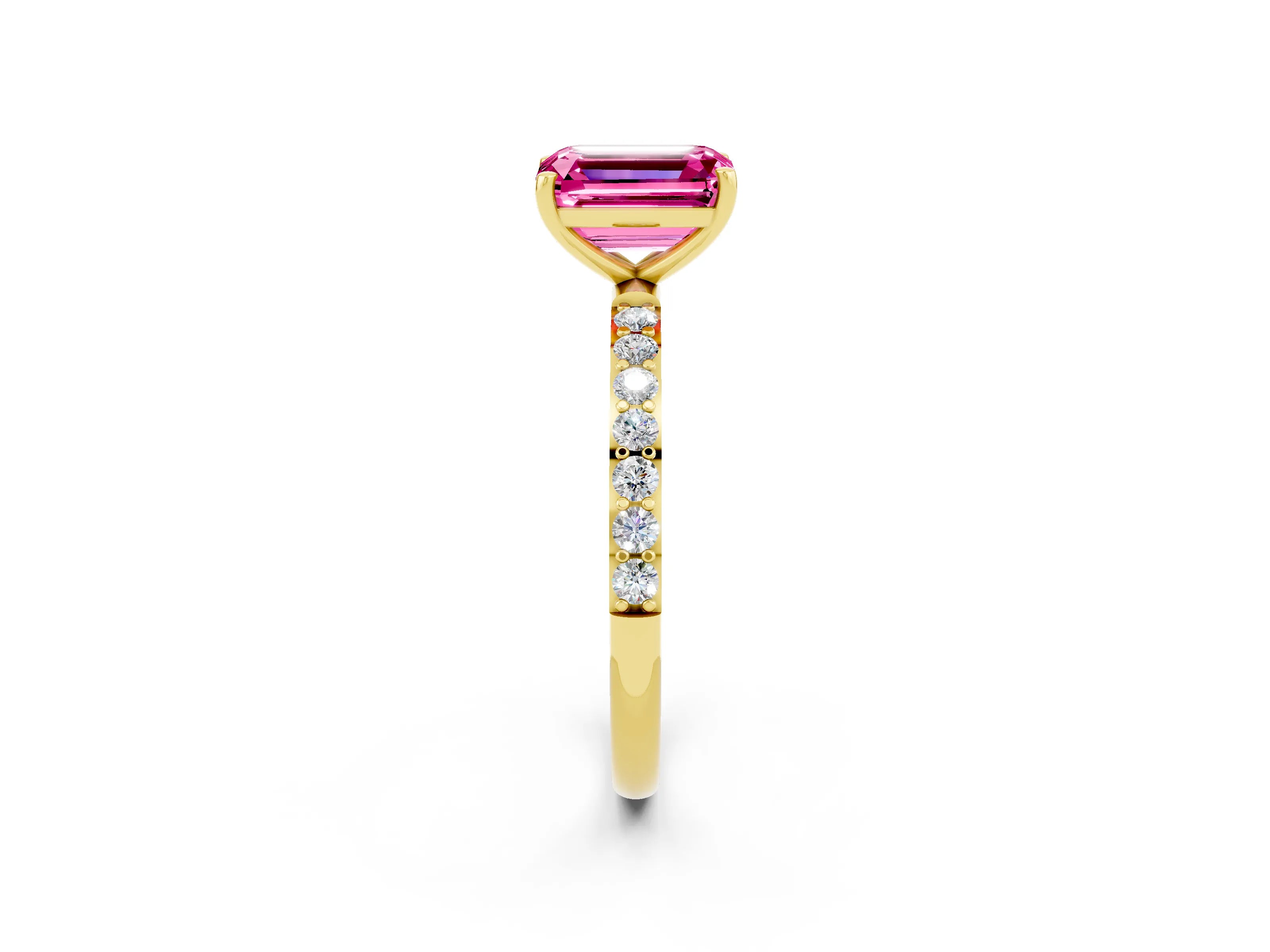 Yellow gold Emerald Cut Pink Sapphire Solitaire Ring with Pave Band and Four Prong Setting_50