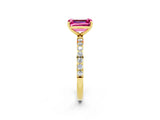 Yellow gold Emerald Cut Pink Sapphire Solitaire Ring with Pave Band and Four Prong Setting_50
