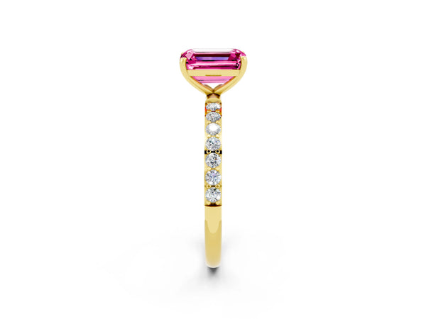 Yellow gold Emerald Cut Pink Sapphire Solitaire Ring with Round  Pavé Band and Prong Setting