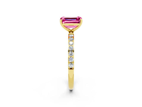 Yellow gold Emerald Cut Pink Sapphire Solitaire Ring with Pave Band and Four Prong Setting_50