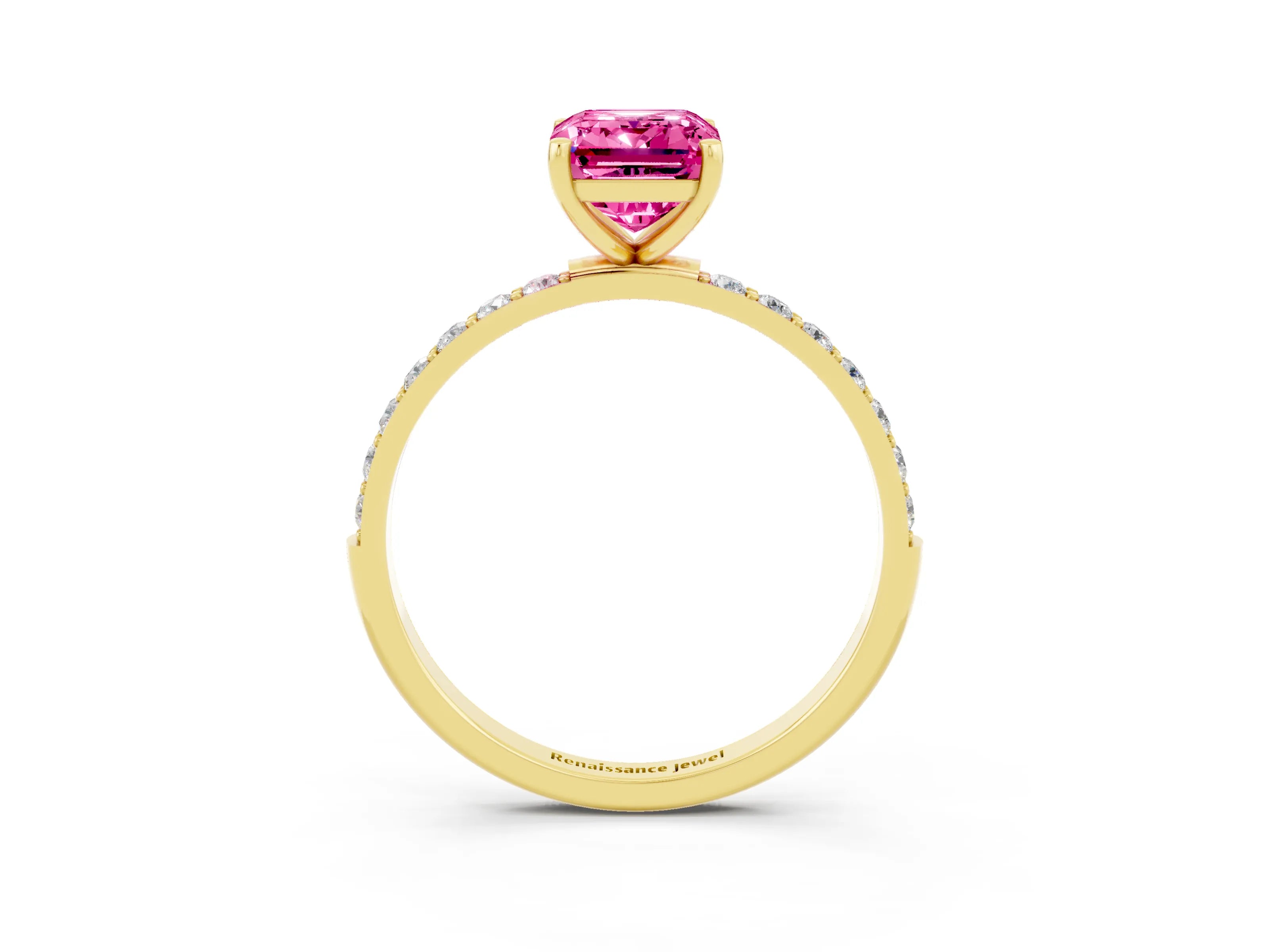 Yellow gold Emerald Cut Pink Sapphire Solitaire Ring with Pave Band and Four Prong Setting_51