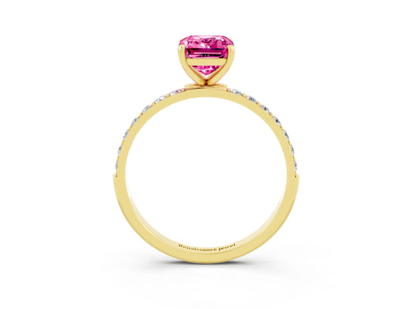 Yellow gold Emerald Cut Pink Sapphire Solitaire Ring with Round  Pavé Band and Prong Setting