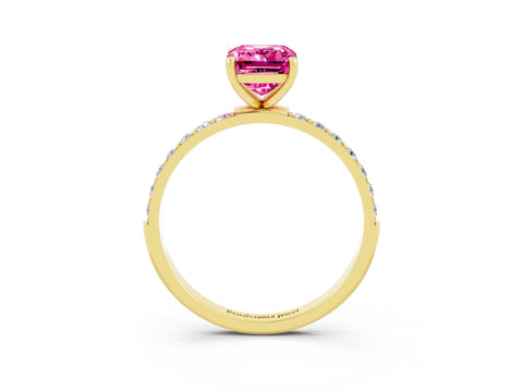 Yellow gold Emerald Cut Pink Sapphire Solitaire Ring with Pave Band and Four Prong Setting_51