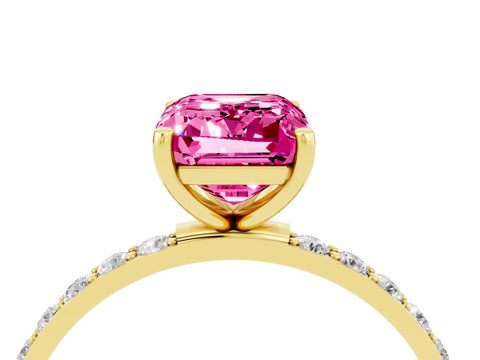 Yellow gold Emerald Cut Pink Sapphire Solitaire Ring with Pave Band and Four Prong Setting_52