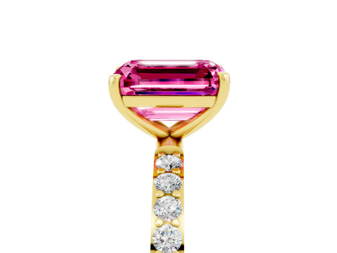 Yellow gold Emerald Cut Pink Sapphire Solitaire Ring with Pave Band and Four Prong Setting_53