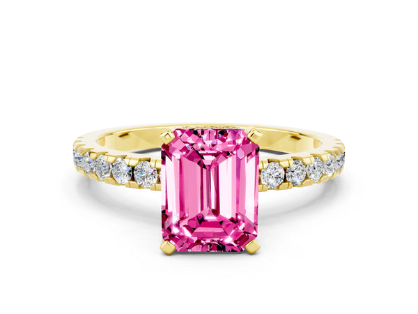 Yellow gold Emerald Cut Pink Sapphire Solitaire Ring with Round  Pavé Band and Four-Prong Setting