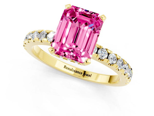 Yellow gold Emerald Cut Pink Sapphire Solitaire Ring with Round  Pavé Band and Four-Prong Setting