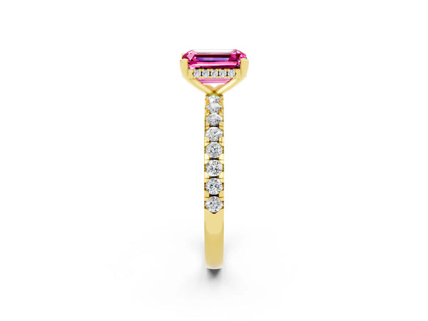 Yellow gold Emerald Cut Pink Sapphire Solitaire Ring with Round  Pavé Band and Four-Prong Setting