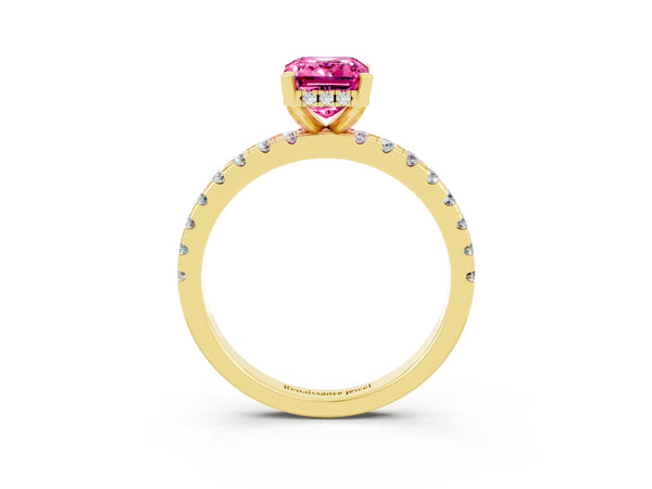 Yellow gold Emerald Cut Pink Sapphire Solitaire Ring with Round  Pavé Band and Four-Prong Setting