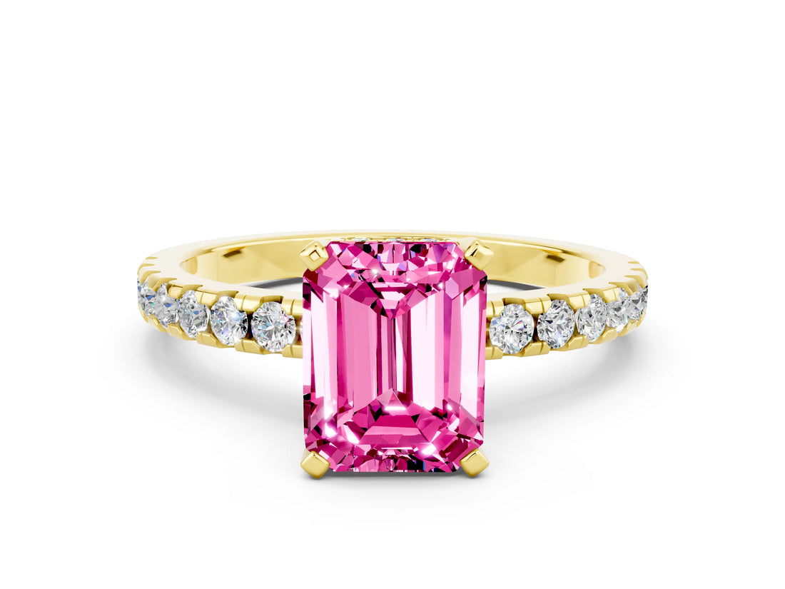 Yellow gold Emerald Cut Pink Sapphire Solitaire Ring with Round  Pavé Band and Four-Prong Setting_36