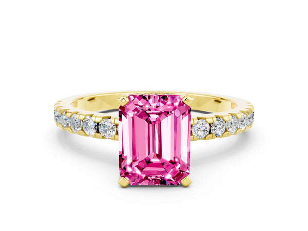 Yellow gold Emerald Cut Pink Sapphire Solitaire Ring with Round Pavé Band and Four-Prong Setting