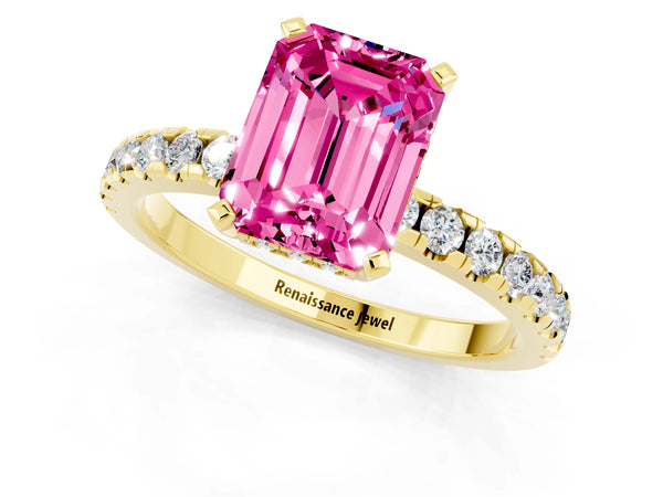 Yellow gold Emerald Cut Pink Sapphire Solitaire Ring with Round Pavé Band and Four-Prong Setting